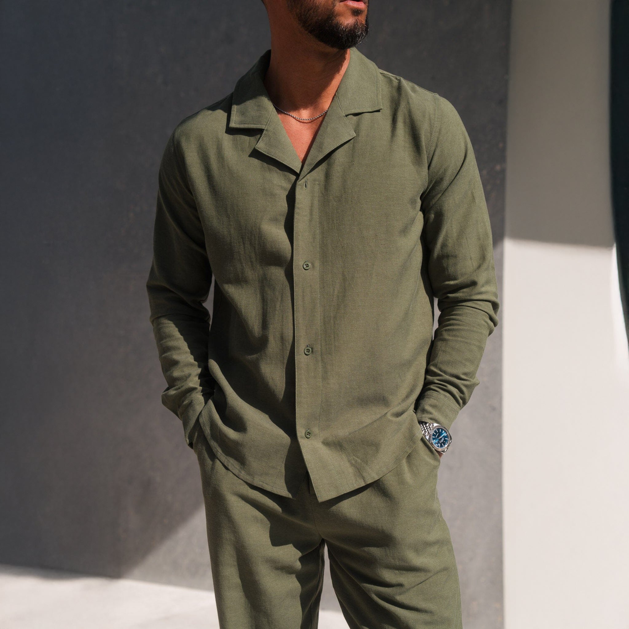 Front View of Belier Olive Linen L/S Shirt